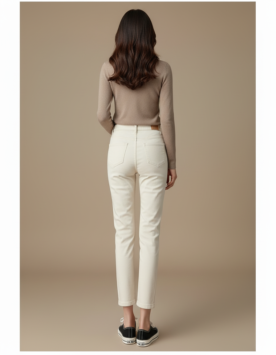 Pantalon Beige Jean Droit Taille Haute Femme - vue 2