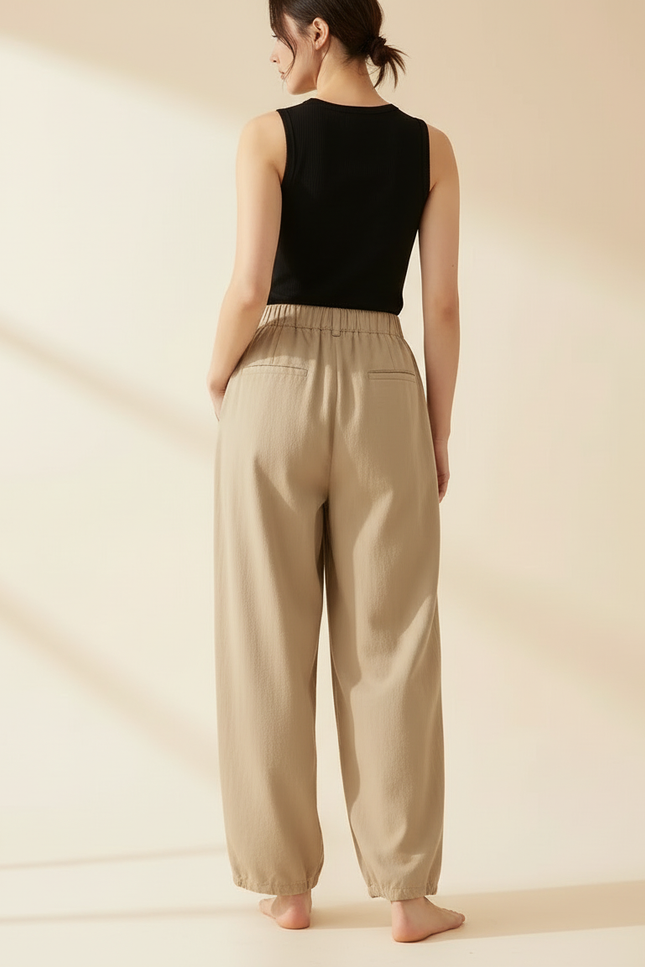 Pantalon Beige Plissé Ample Décontracté Femme Coton - vue 2