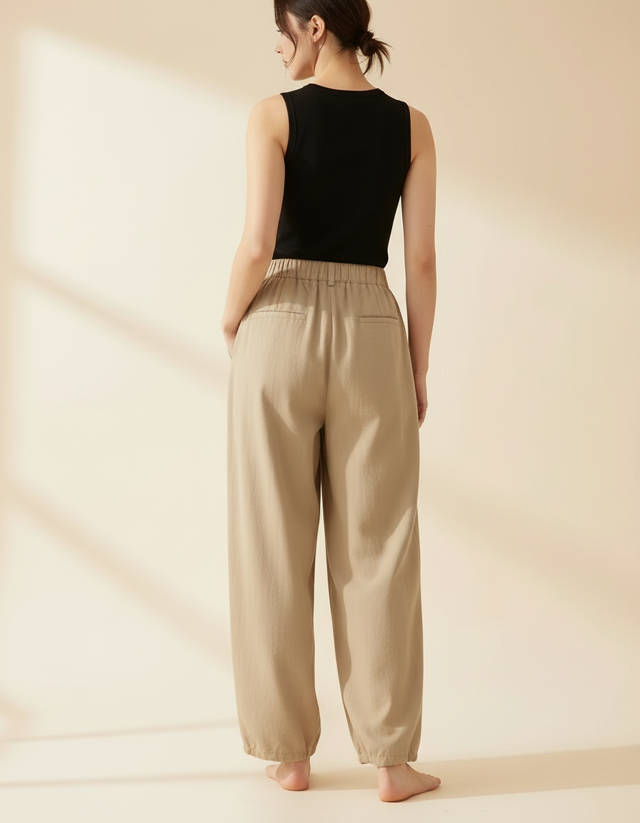 Pantalon Beige Plissé Ample Décontracté Femme Coton - vue 2