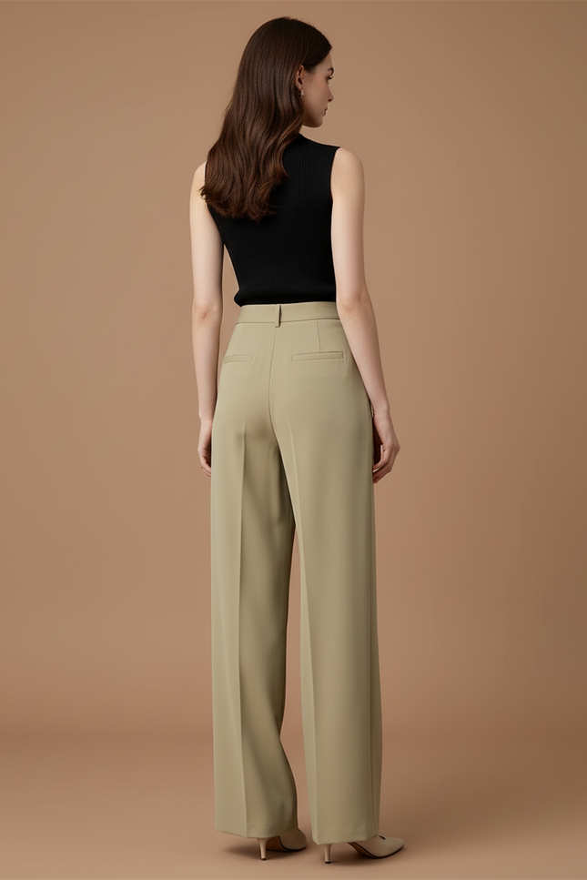 Pantalon Beige Large Taille Haute Fluide Élégant - Kaki Viscose - vue 2