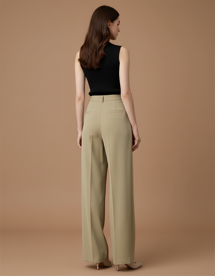 Pantalon Beige Large Taille Haute Fluide Élégant - Kaki Viscose - vue 2