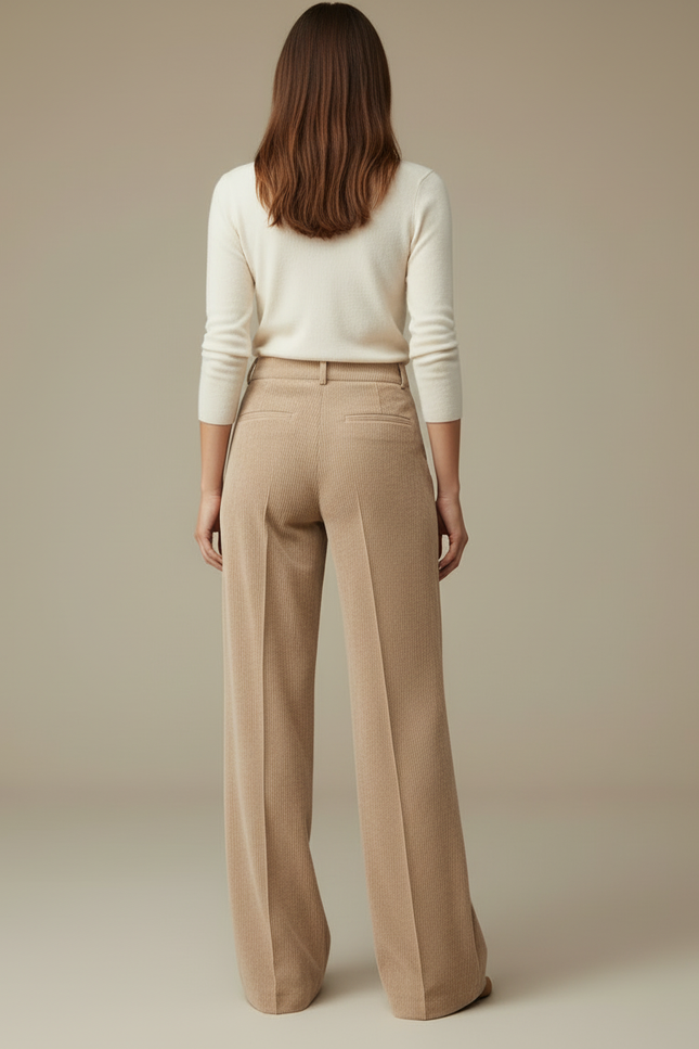 Pantalon Beige Côtelé Ample Taille Haute Femme - Cordé - vue 2