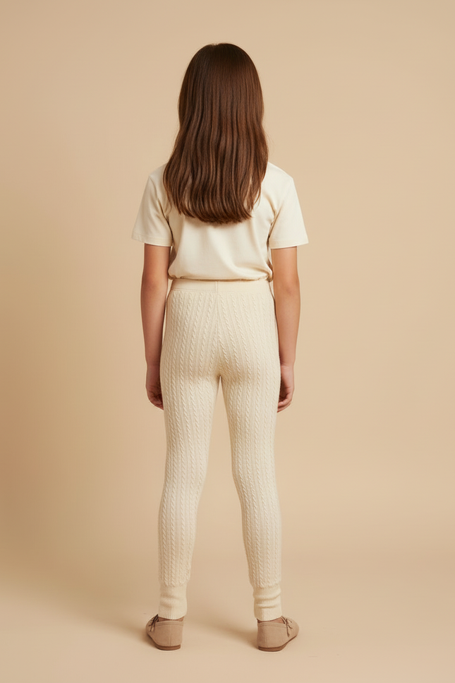 Pantalon Beige Enfant Tricoté Câblé Élastique Hiver Confortable - Maille - vue 2