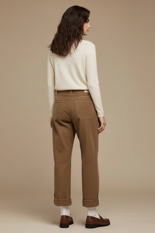 Pantalon Beige Côtelé Ample Patte Brodé - Marron Cordé - vue 2