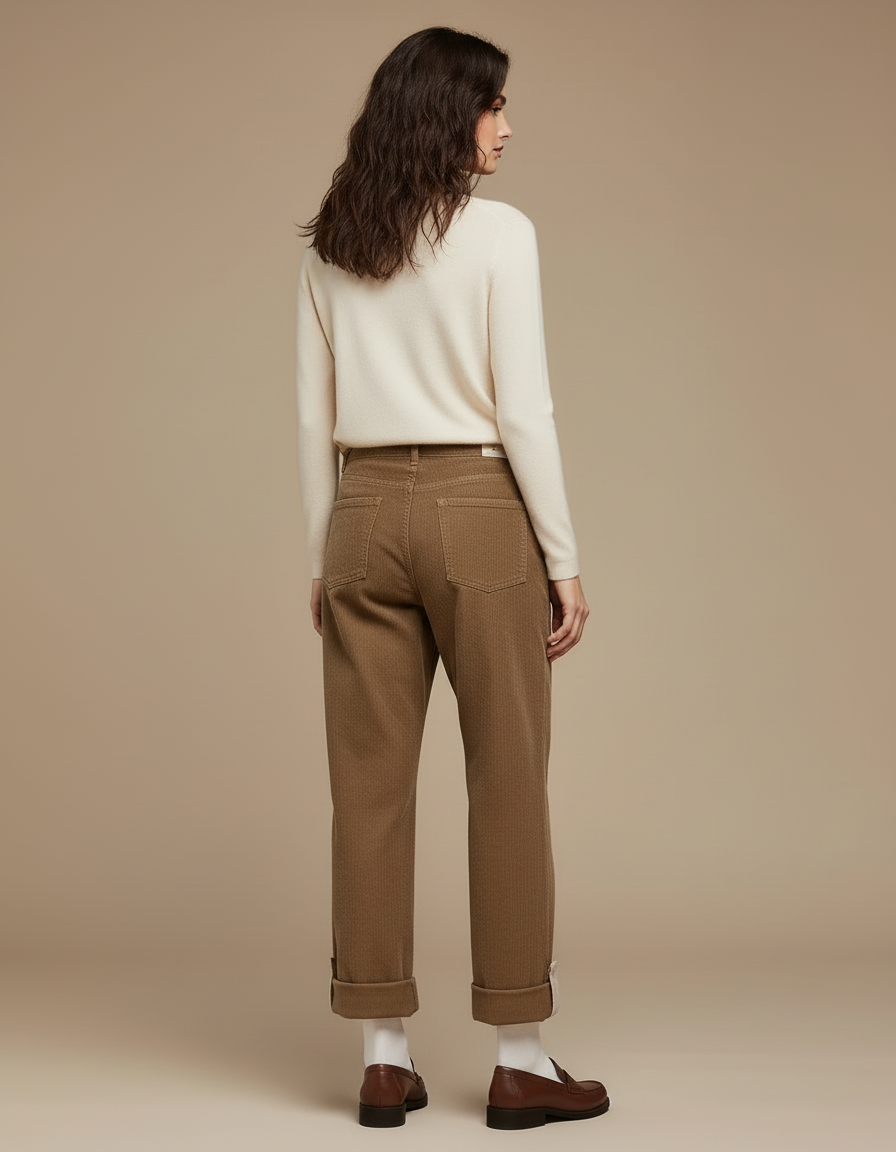 Pantalon Beige Côtelé Ample Patte Brodé - Marron Cordé - vue 2