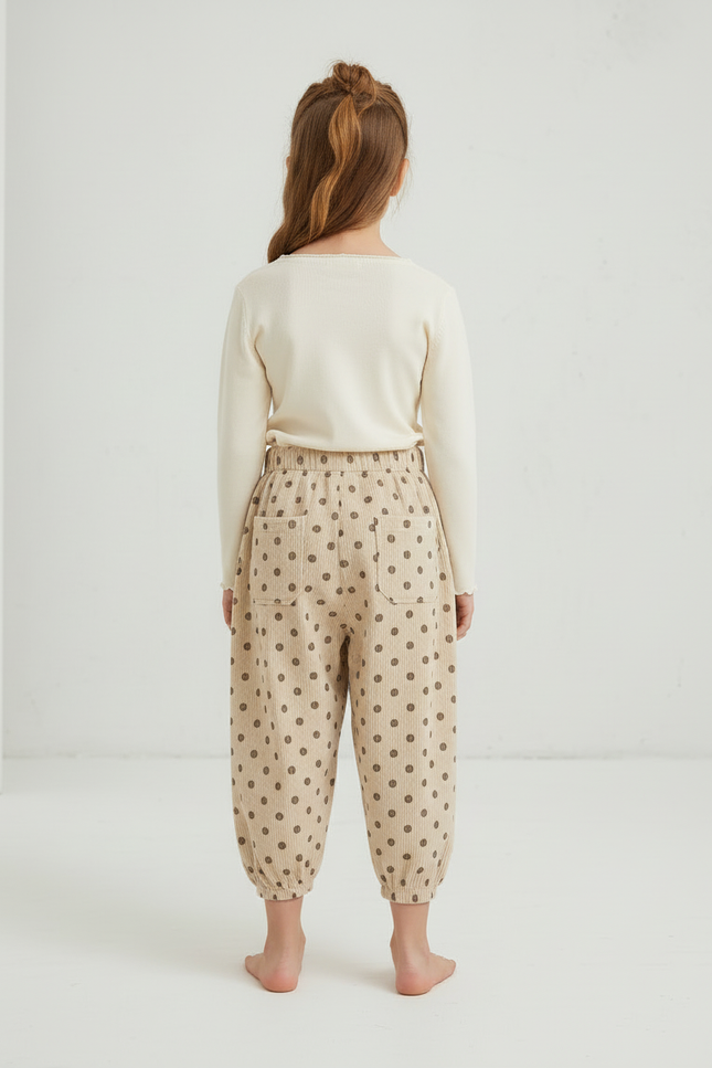 Pantalon Beige Côtelé Ample Pois Fille - Cordé - vue 2