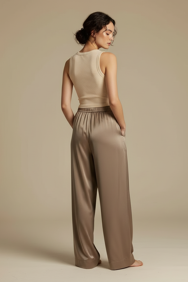 Pantalon Beige Satiné Ample Fluide Décontracté Femme - Marron - vue 2
