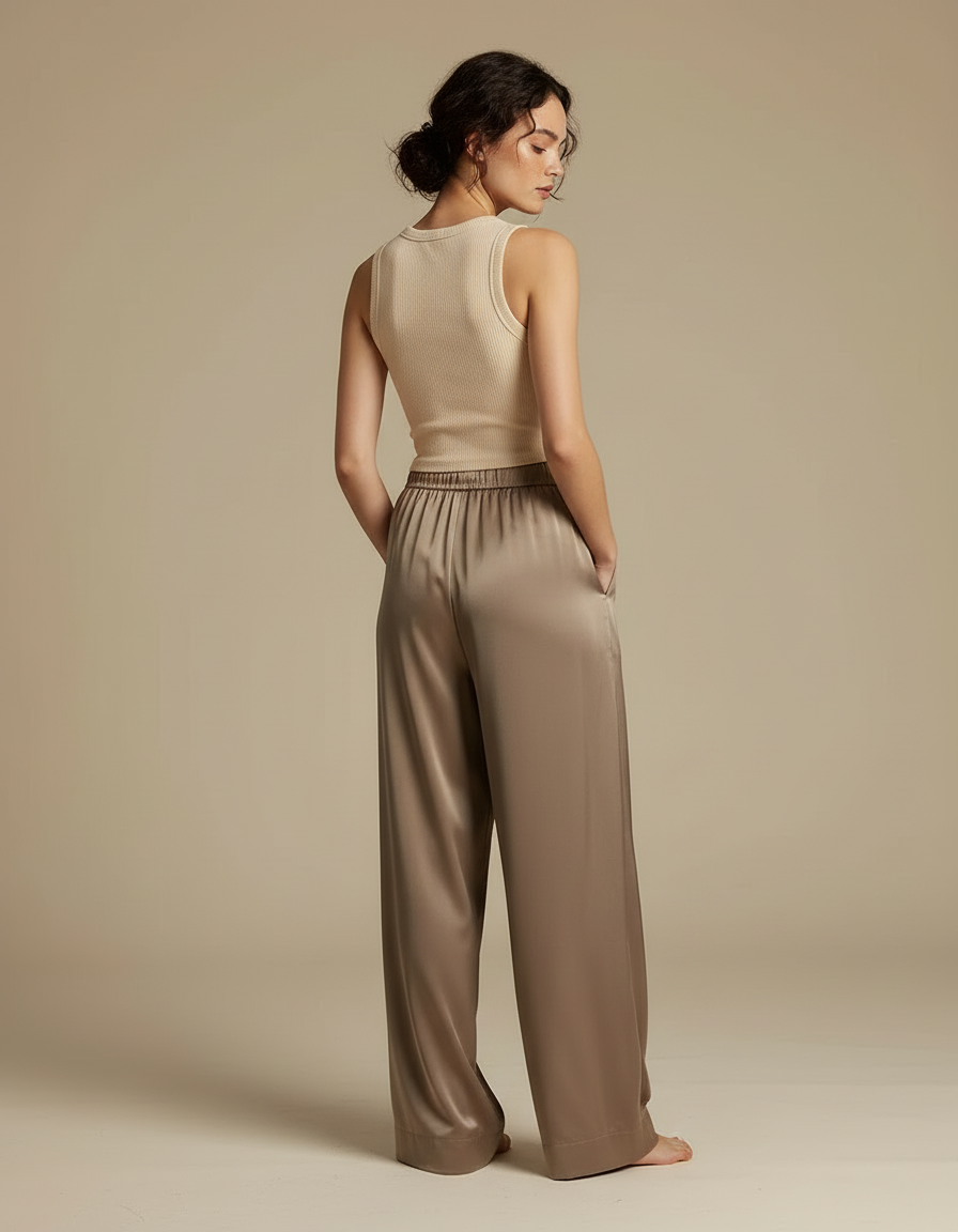 Pantalon Beige Satiné Ample Fluide Décontracté Femme - Marron - vue 2