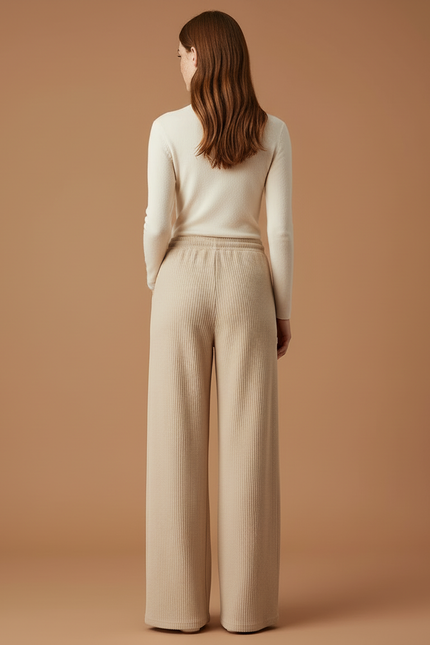 Pantalon Beige Côtelé Large Taille Haute Confortable - Cordé - vue 2