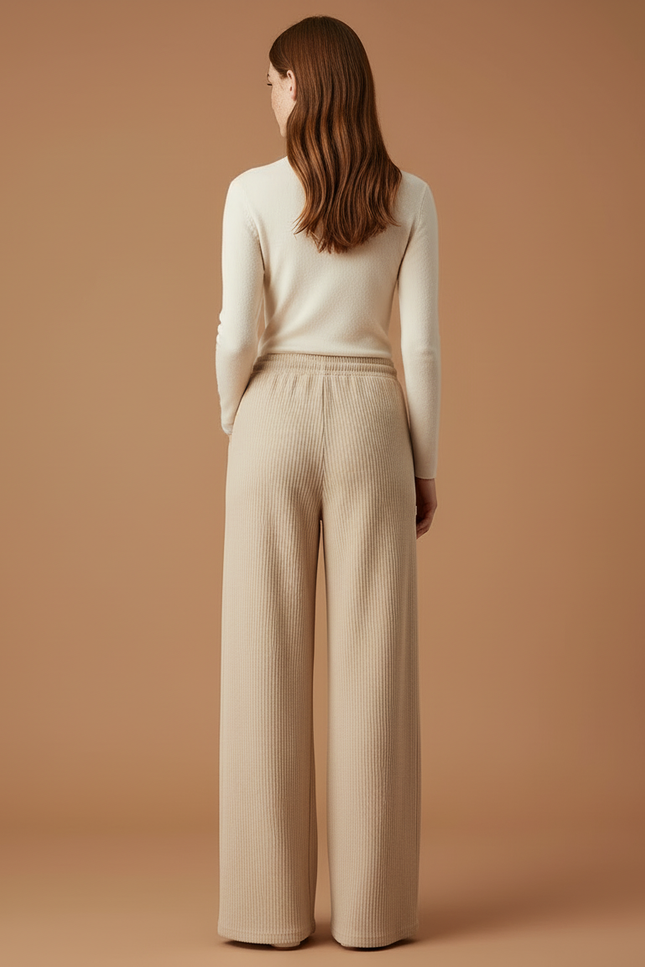 Pantalon Beige Côtelé Large Taille Haute Confortable - Cordé - vue 2