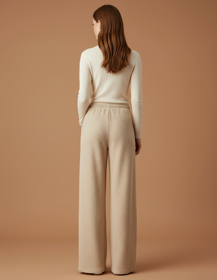 Pantalon Beige Côtelé Large Taille Haute Confortable - Cordé - vue 2