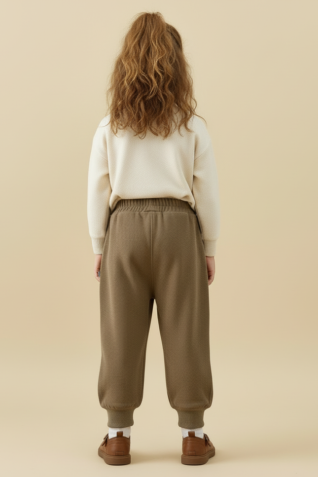 Pantalon Beige Ample Côtelé Élastique Enfant Hiver - Kaki Cordé - vue 2