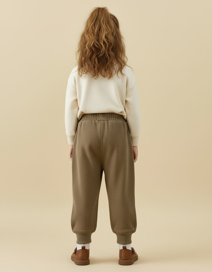 Pantalon Beige Ample Côtelé Élastique Enfant Hiver - Kaki Cordé - vue 2