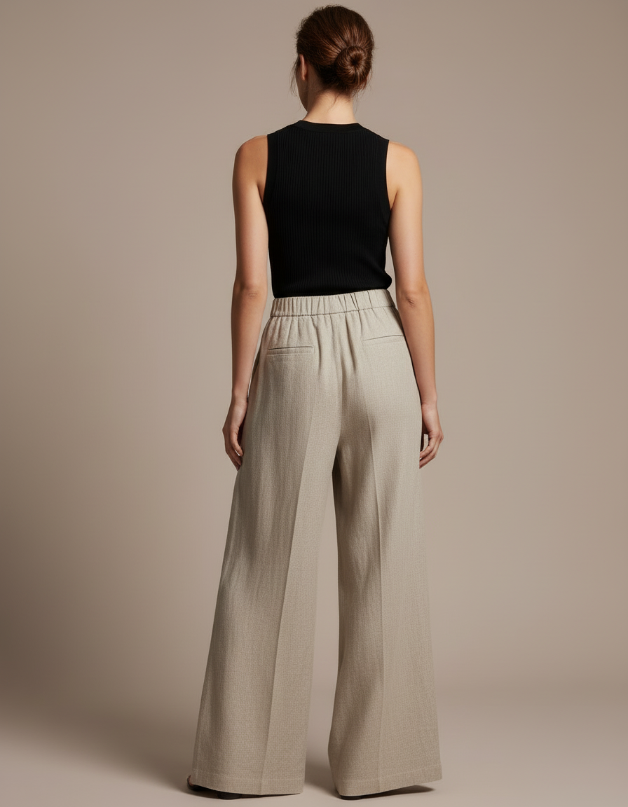 Pantalon Beige Fluide Ample Lin Décontracté Élégant - vue 2
