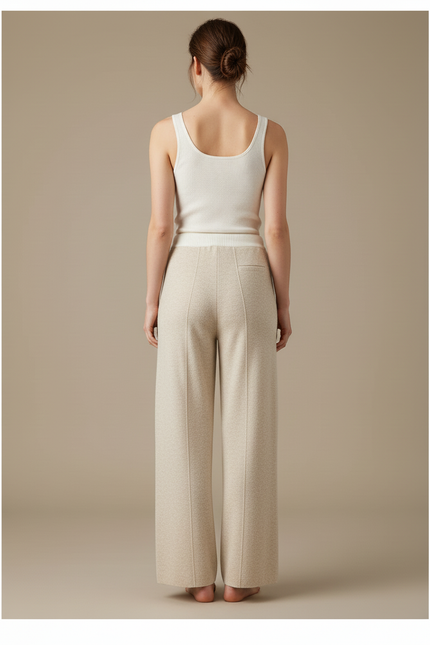 Pantalon Beige Tricoté Ample Taille Haute Confortable - Blanc Maille - vue 2