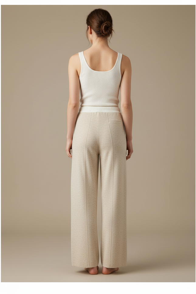 Pantalon Beige Tricoté Ample Taille Haute Confortable - Blanc Maille - vue 2
