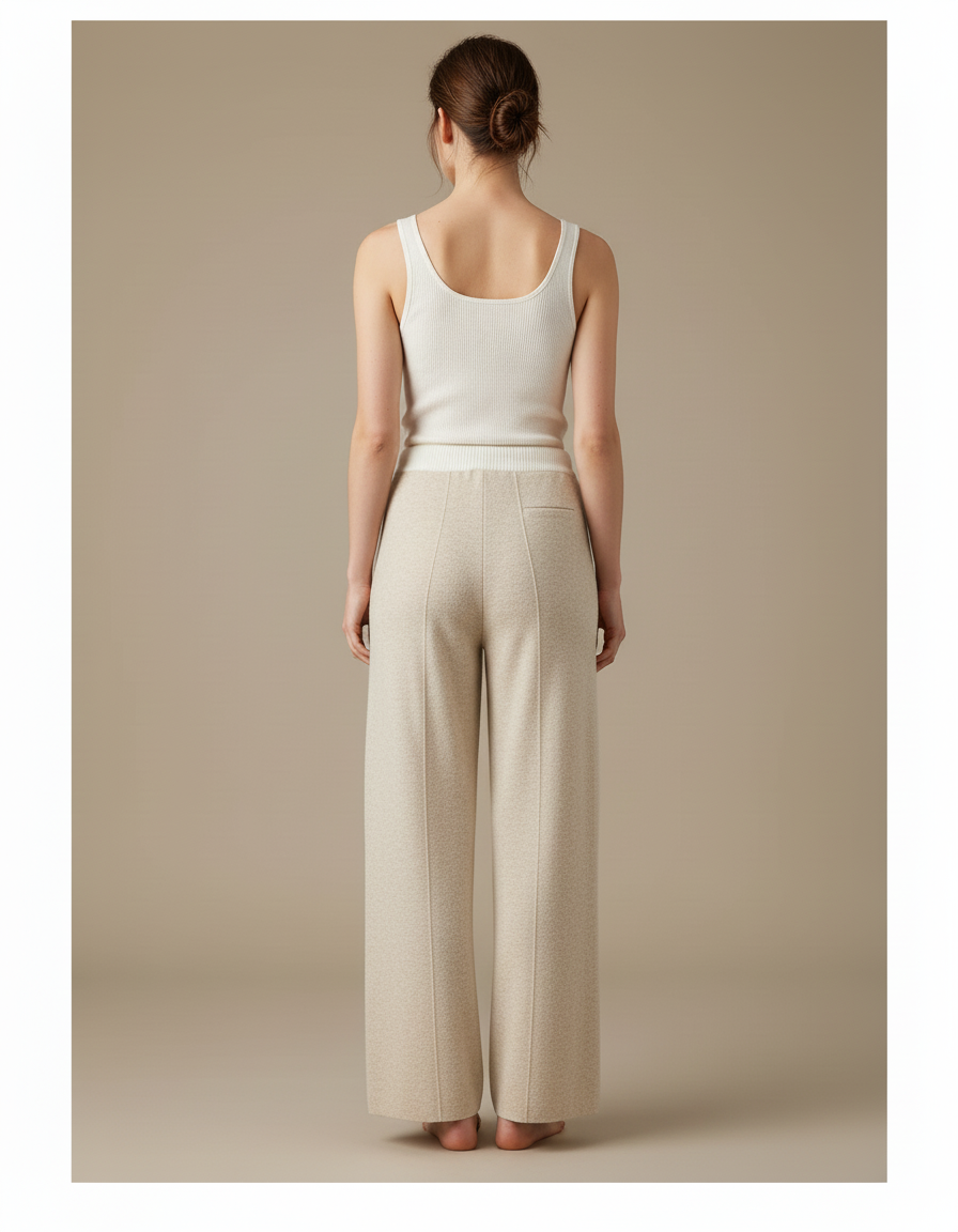 Pantalon Beige Tricoté Ample Taille Haute Confortable - Blanc Maille - vue 2