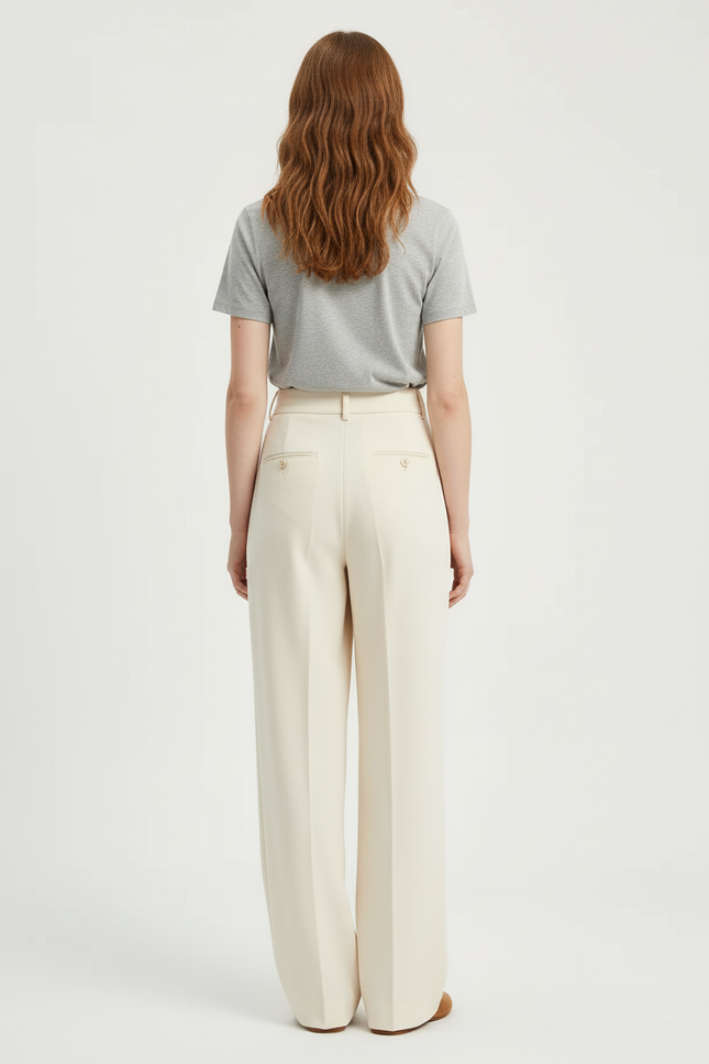 Pantalon Beige Plissé Large Droit Fluide Femme - Gabardine - vue 2