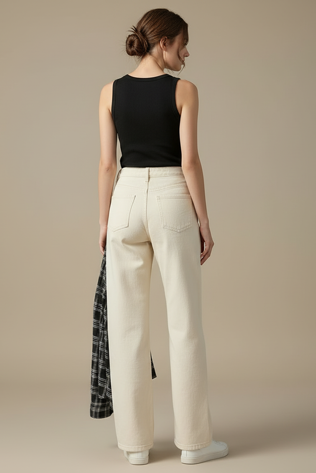 Pantalon Beige Large Taille Haute Décontracté Femme - Gabardine - vue 2
