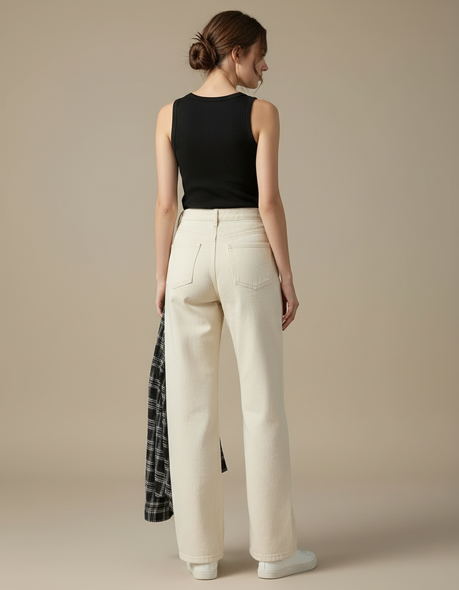 Pantalon Beige Large Taille Haute Décontracté Femme - Gabardine - vue 2