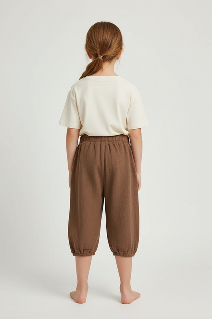 Pantalon Beige Coton Lin Ample Élastique Enfant - Marron - vue 2