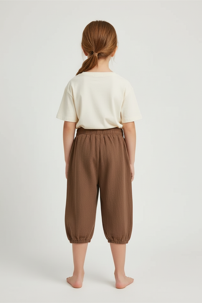 Pantalon Beige Coton Lin Ample Élastique Enfant - Marron - vue 2