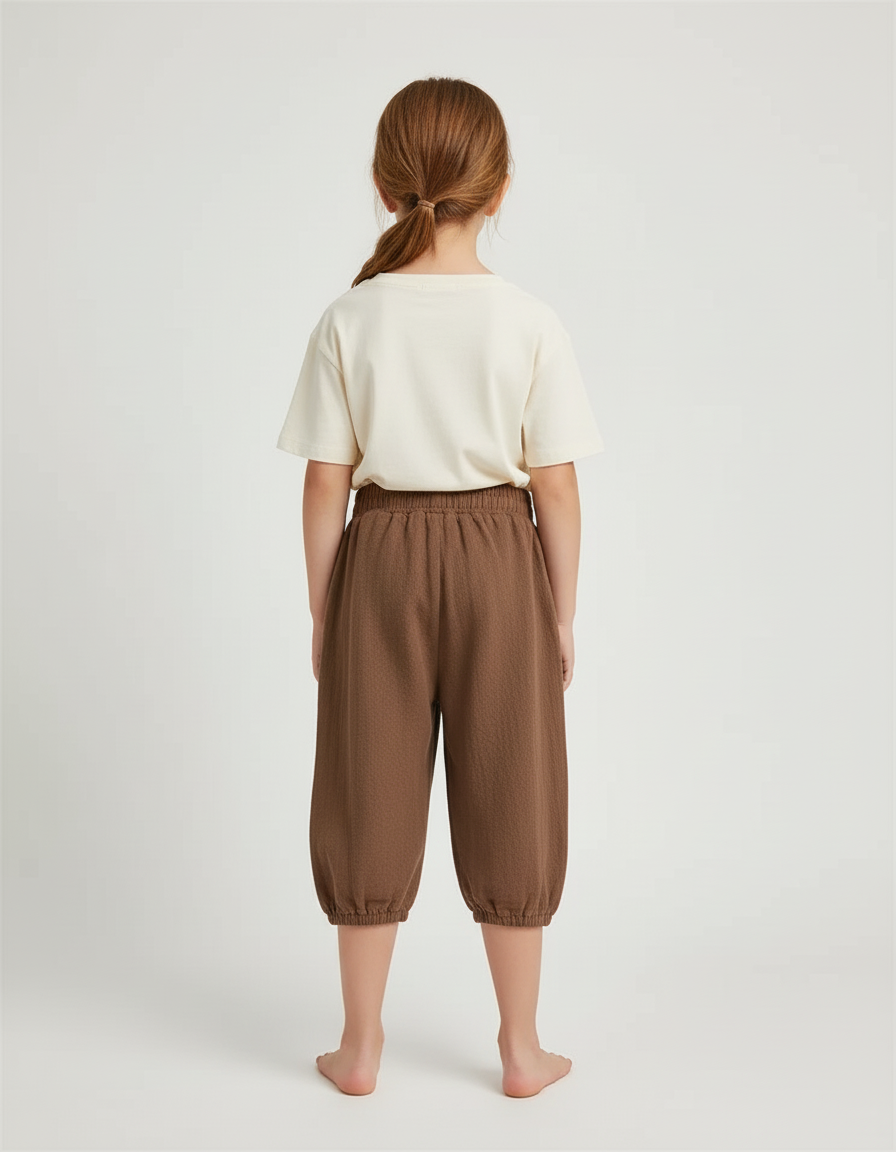 Pantalon Beige Coton Lin Ample Élastique Enfant - Marron - vue 2
