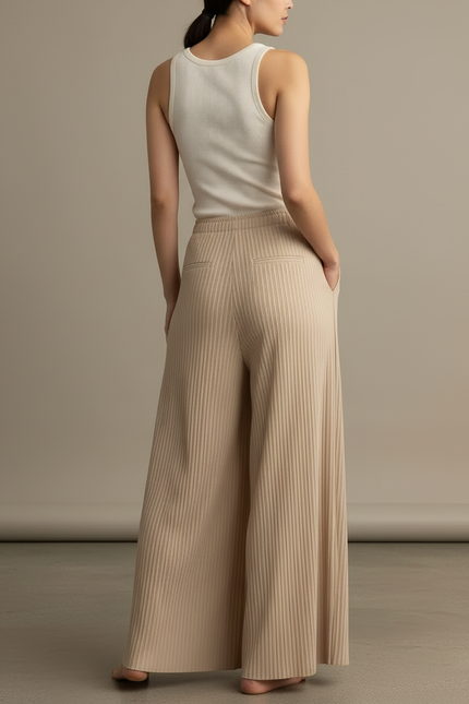 Pantalon Beige Plissé Ample Fluide Décontracté Élégant - Maille - vue 2