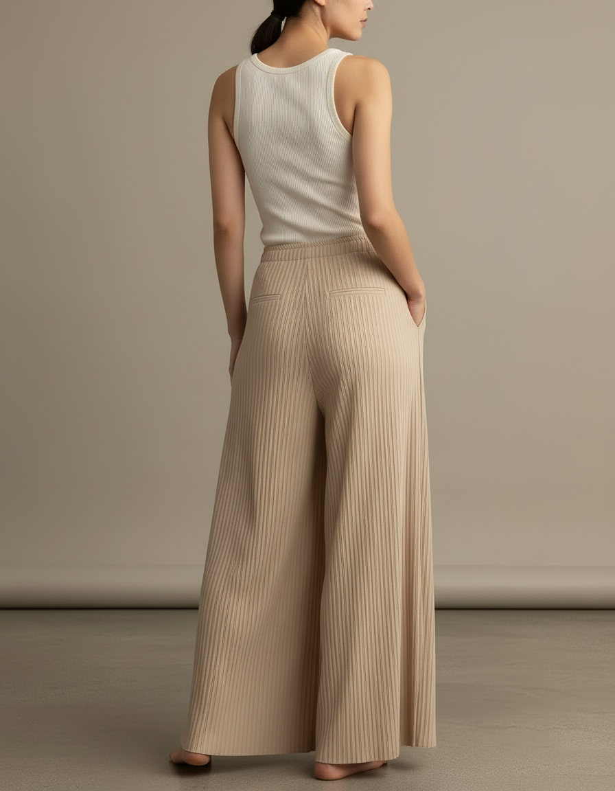 Pantalon Beige Plissé Ample Fluide Décontracté Élégant - Maille - vue 2