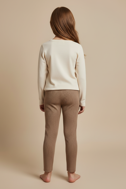 Pantalon Beige Côtelé Tricoté Élastique Confortable Fille - Maille - vue 2