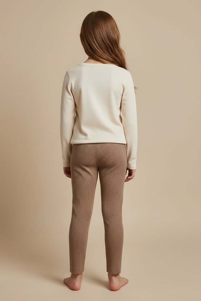 Pantalon Beige Côtelé Tricoté Élastique Confortable Fille - Maille - vue 2