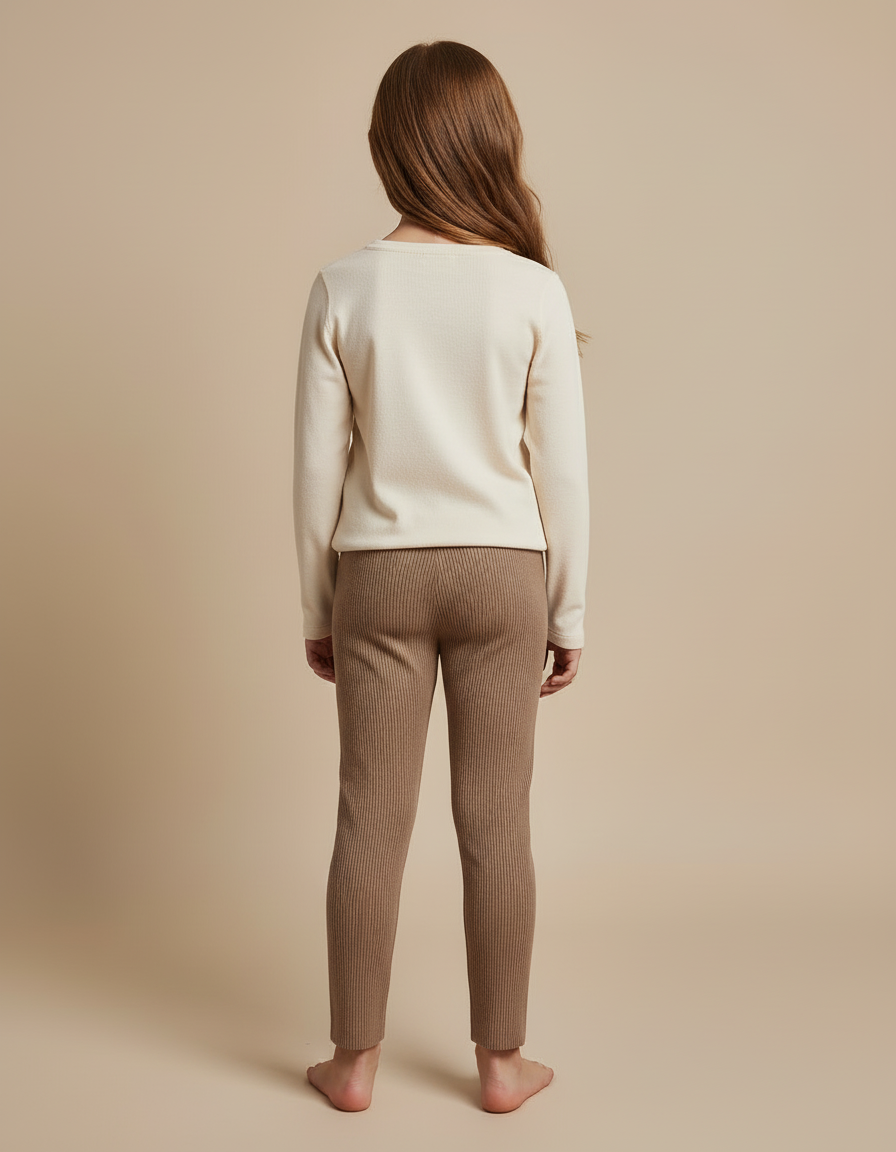 Pantalon Beige Côtelé Tricoté Élastique Confortable Fille - Maille - vue 2