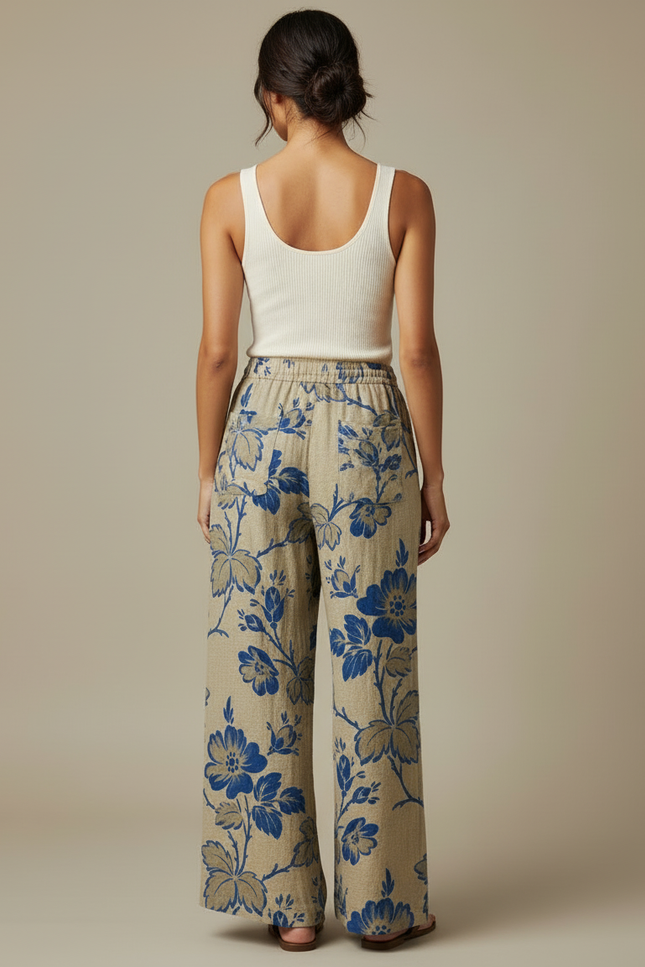 Pantalon Beige Fluide Ample Fleuri Décontracté - Lin - vue 2