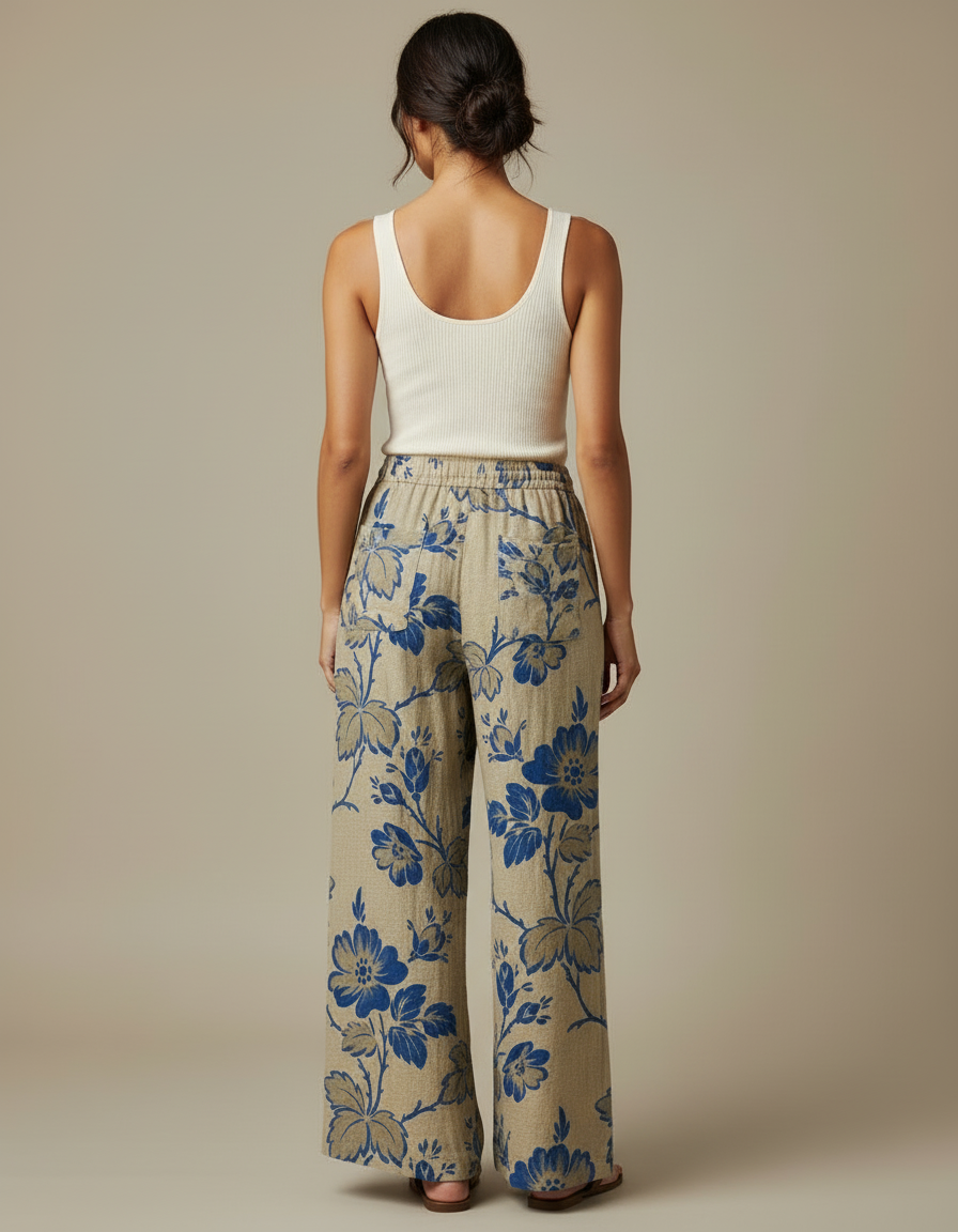 Pantalon Beige Fluide Ample Fleuri Décontracté - Lin - vue 2