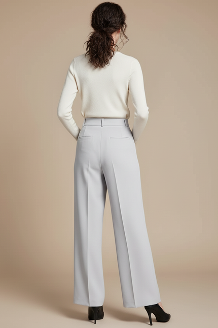 Pantalon Beige Évasé Taille Haute Fluide Élégant - Gris Polyester - vue 2