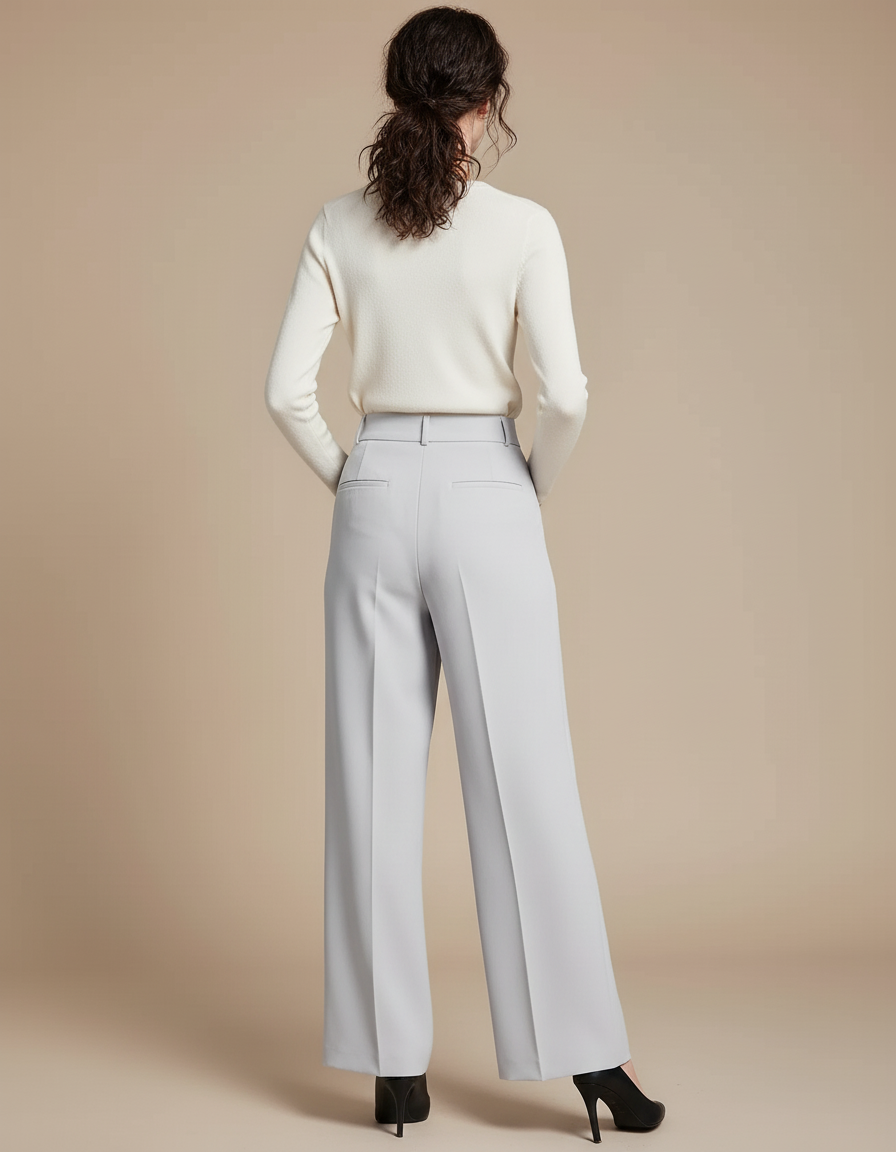 Pantalon Beige Évasé Taille Haute Fluide Élégant - Gris Polyester - vue 2