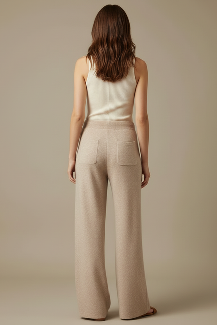 Pantalon Beige Tricoté Ample Confortable Décontracté Femme - Maille - vue 2