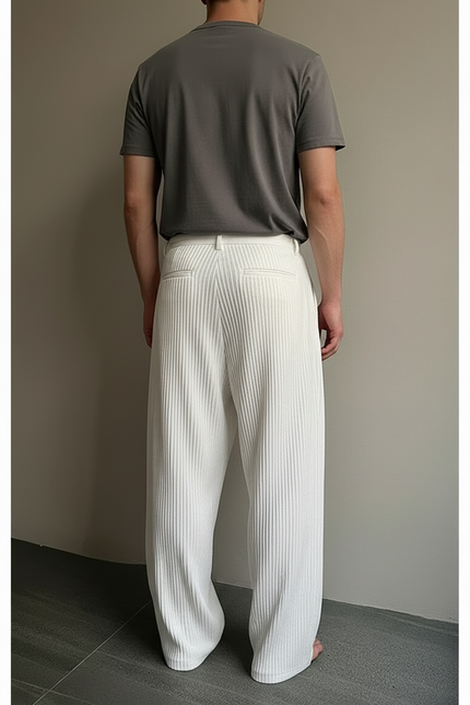 Pantalon Beige Plissé Ample Décontracté Homme - Blanc Polyester - vue 2