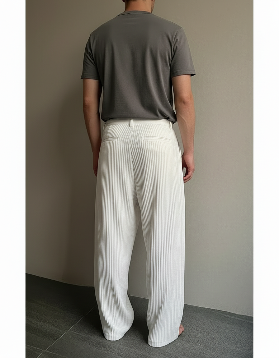 Pantalon Beige Plissé Ample Décontracté Homme - Blanc Polyester - vue 2