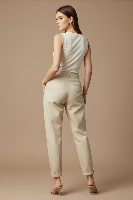 Pantalon Beige Ample Taille Haute Décontracté Femme - Gabardine - vue 2