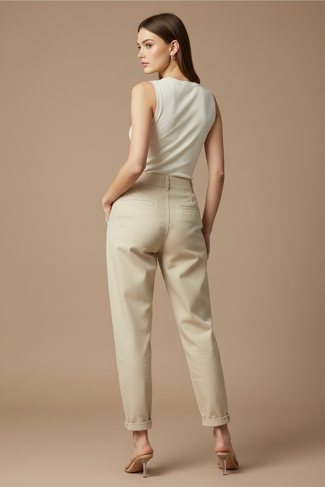Pantalon Beige Ample Taille Haute Décontracté Femme - Gabardine - vue 2