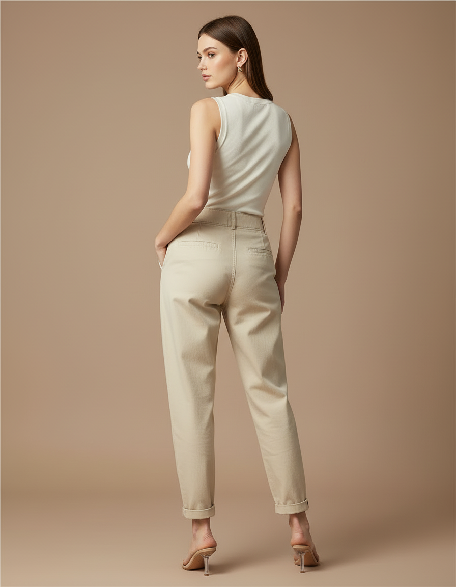 Pantalon Beige Ample Taille Haute Décontracté Femme - Gabardine - vue 2