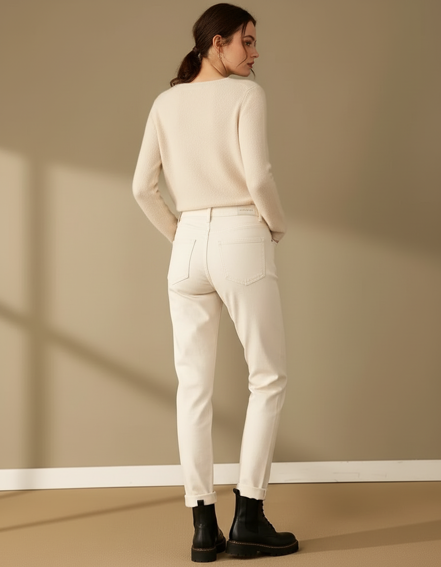 Pantalon Beige Droit Taille Haute Épais Décontracté Femme - Jean - vue 2
