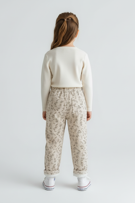 Pantalon Beige Côtelé Imprimé Floral Ample Enfant - Cordé - vue 2