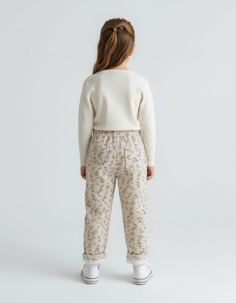 Pantalon Beige Côtelé Imprimé Floral Ample Enfant - Cordé - vue 2