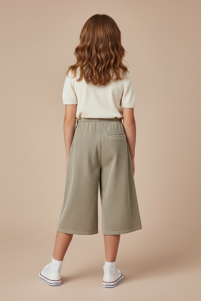 Pantalon Beige Côtelé Ample Taille Élastique Fille - Kaki Cordé - vue 2