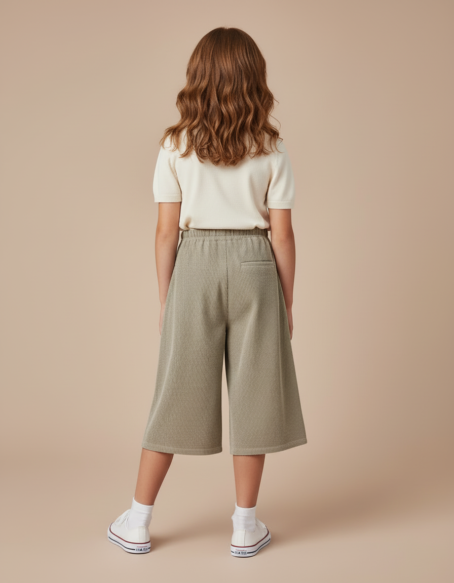 Pantalon Beige Côtelé Ample Taille Élastique Fille - Kaki Cordé - vue 2