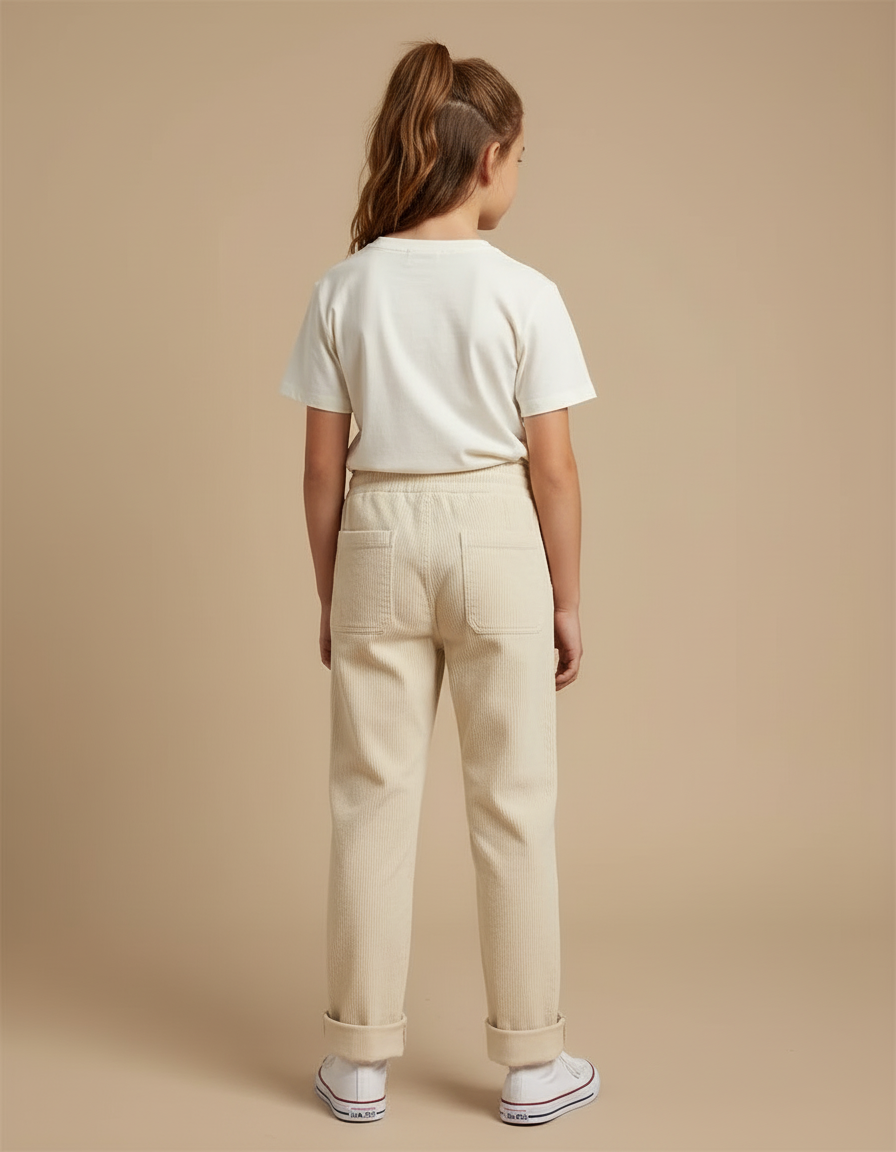Pantalon Beige Côtelé Ample Décontracté Cordon Plaid - Cordé - vue 2