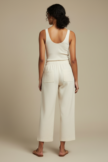 Pantalon Beige Ample Lin Coton Fluide Décontracté - vue 2