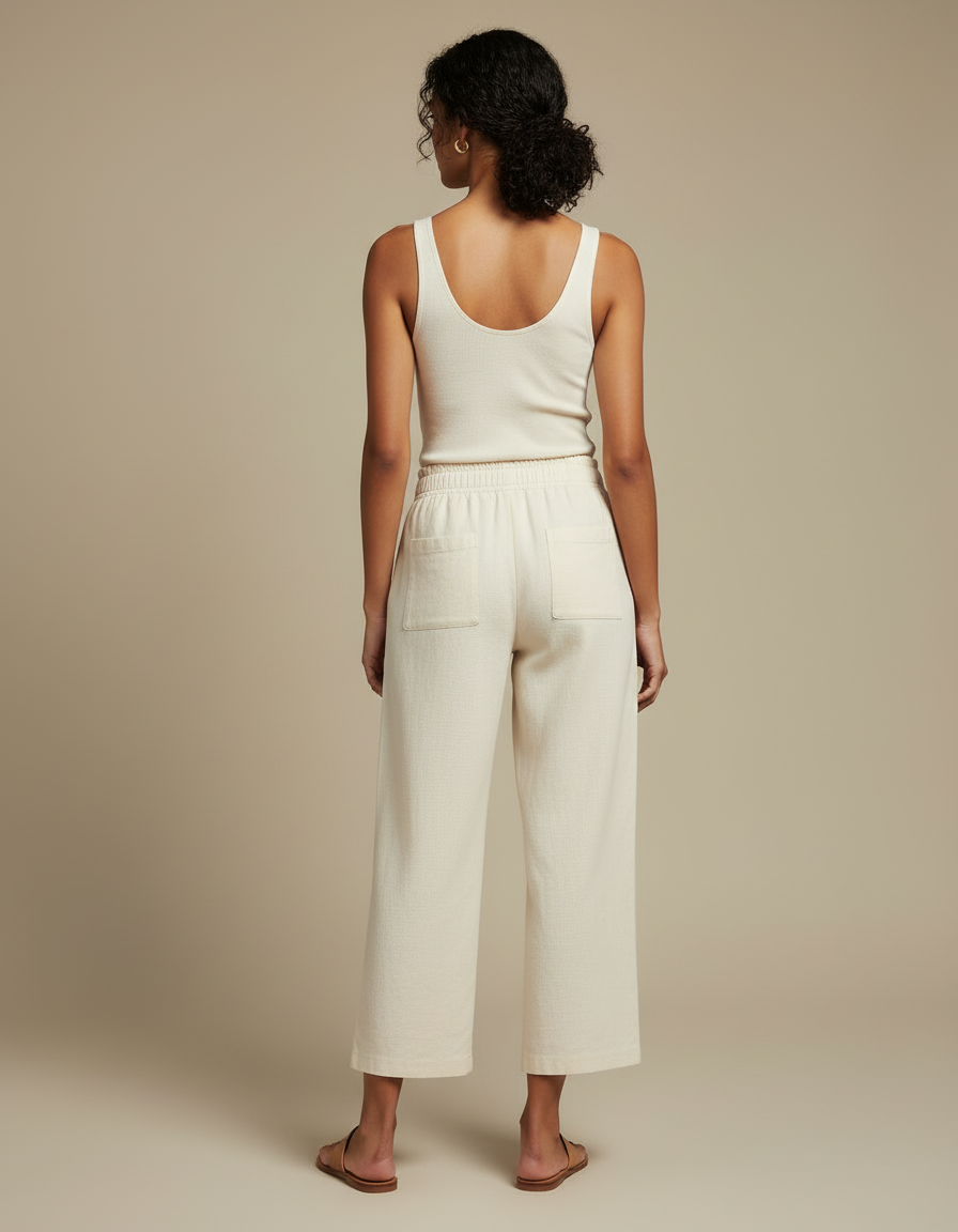Pantalon Beige Ample Lin Coton Fluide Décontracté - vue 2